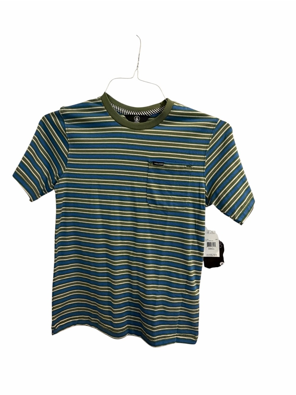 Boys’Striped Pocket Tee in Olive & Blue - Volcom